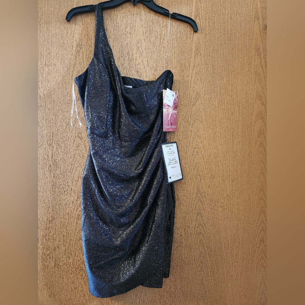 Black And Gold Glitter One Shoulder Cocktail Dress